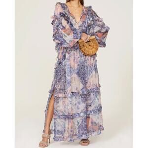 Misa Los Angelas Women's Persephone Chiffon Ruffle Maxi Dress XS Blue Pink